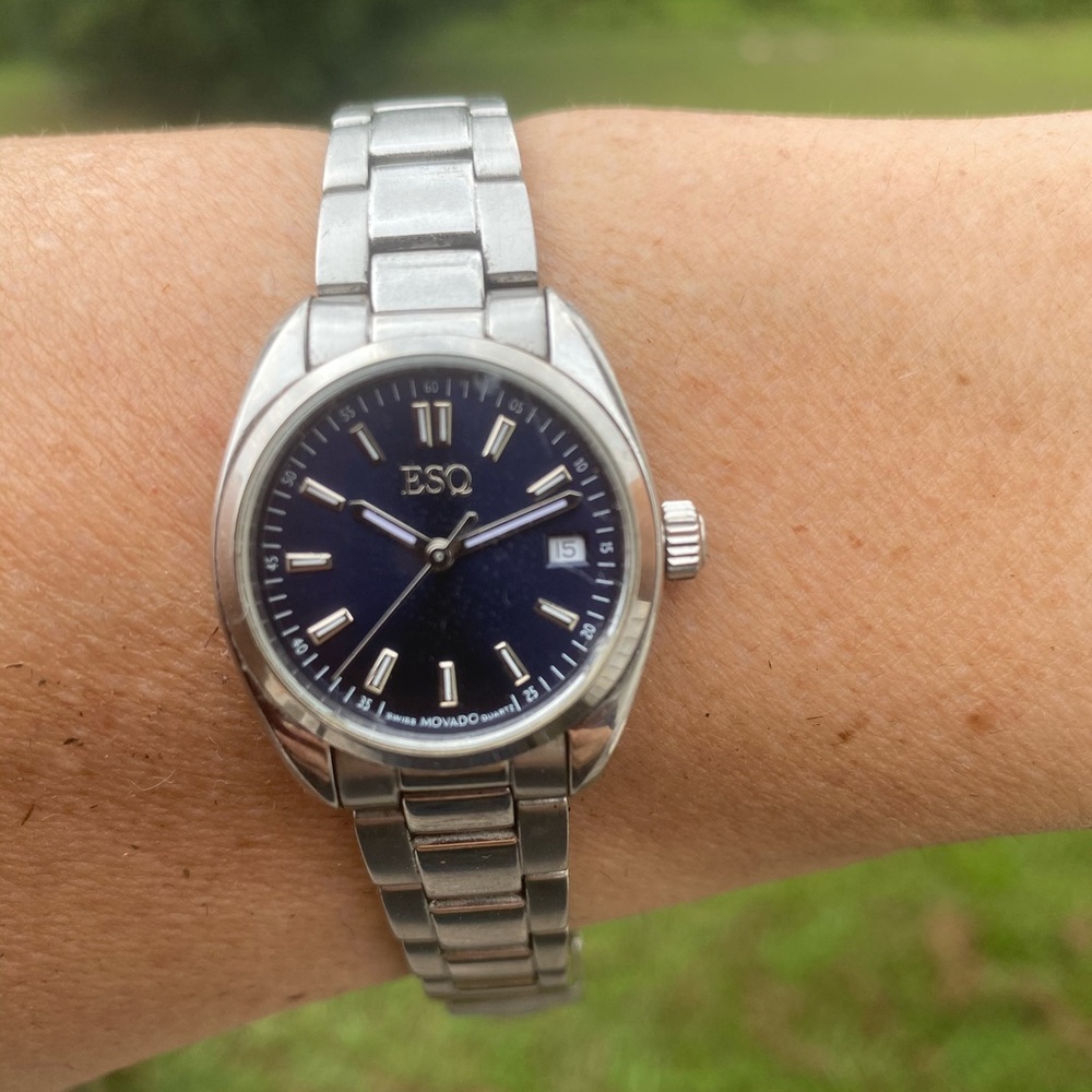 ESQ Movado woman’s watch Swiss movement silver blue small